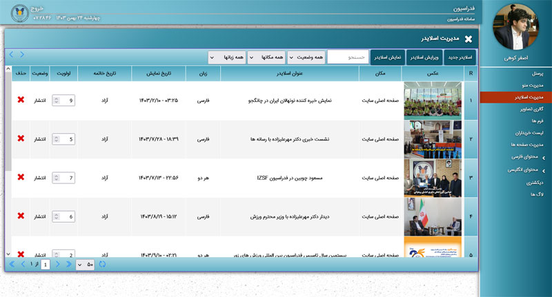 لوحه إداره السلایدر لموقع izfc.ch