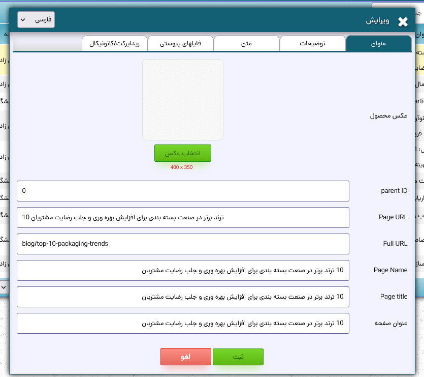 پنل ثبت مشخصات اولیه صفحات