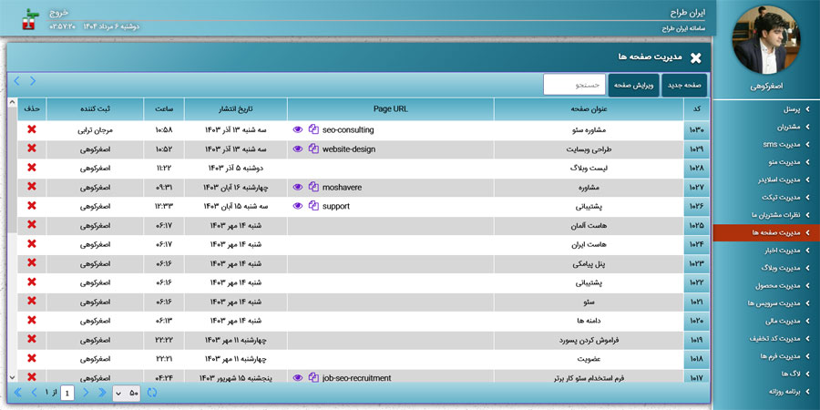 پنل مدیریت صفحات استاتیک وبسایت (درباره ما، خدمات و ...)