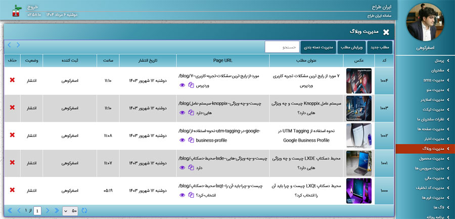 پنل مدیریت مقالات و مطالب وبلاگ